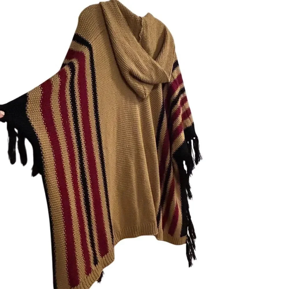 Women's Hooded Poncho Cape Brown Fringe Striped One Size‎